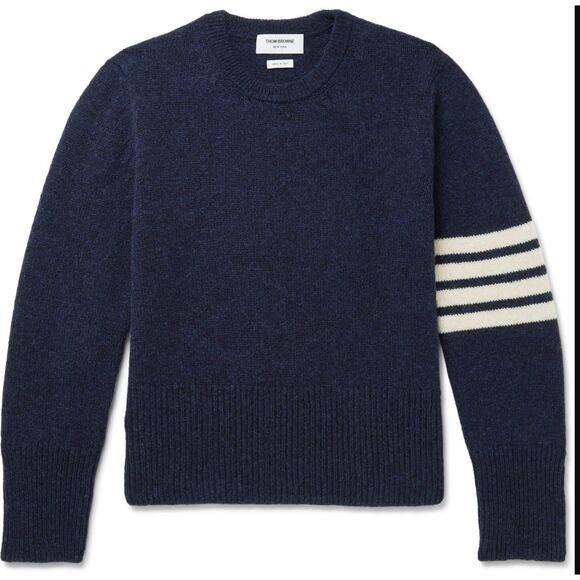 THOM BROWNE: Men's Navy Shetland Wool Crew Pullover - 1 - Picture 1 of 9